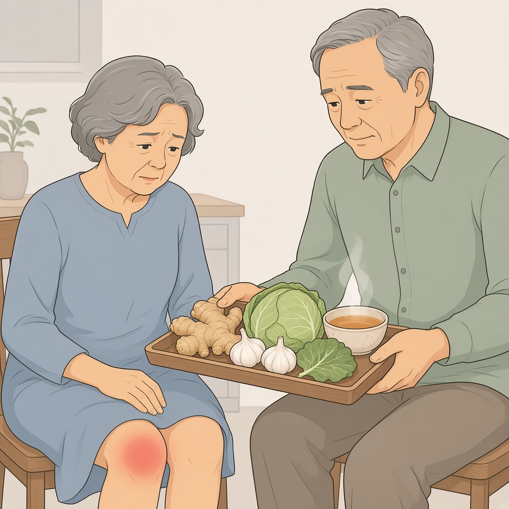 Pareja en la cocina con una bandeja de jengibre, ajo y col
